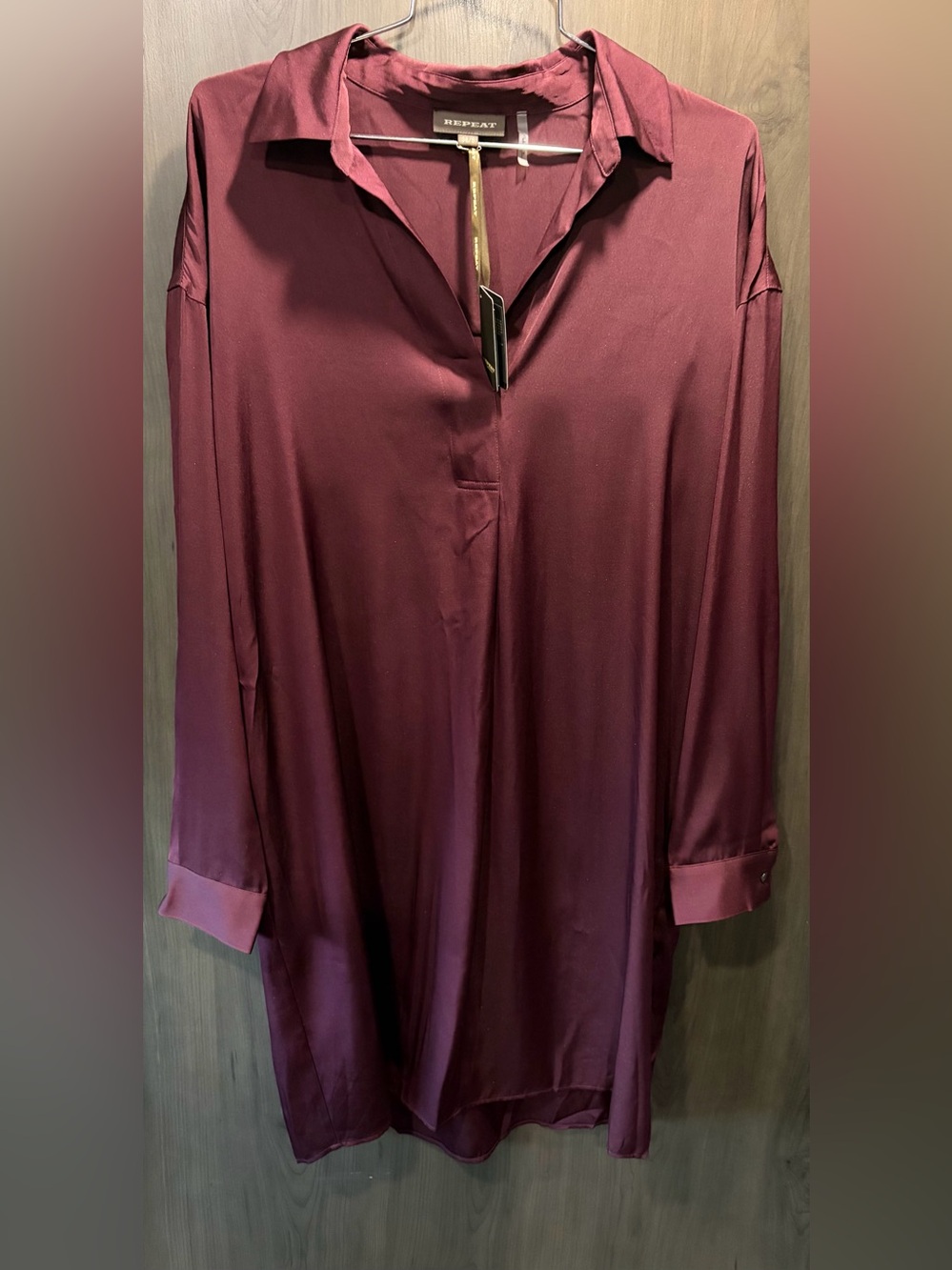 Repeat Burgundy Long Sleeve Silk Shirt Dress